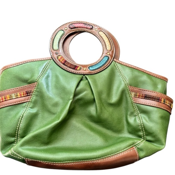 VTG 80’s Relic Green Leather Clutch Round Handle Handbag Side Pockets Snap Close - Picture 2 of 7